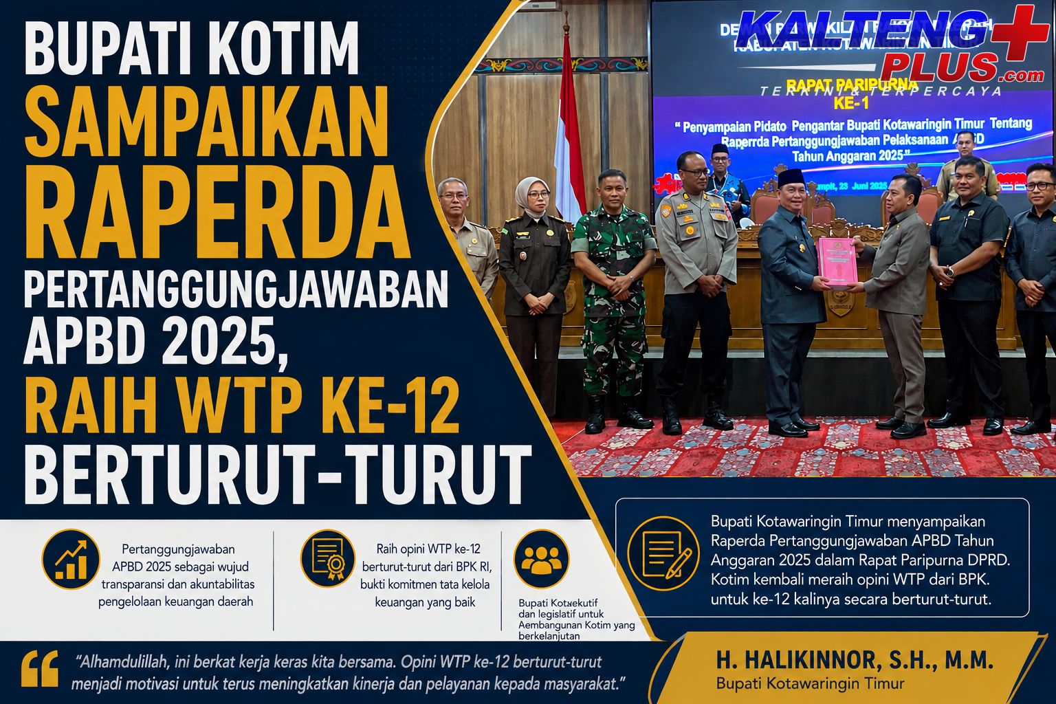 Bupati Kotim Sampaikan Raperda Pertanggungjawaban APBD 2025 Raih WTP ke 12 Berturut turut 2