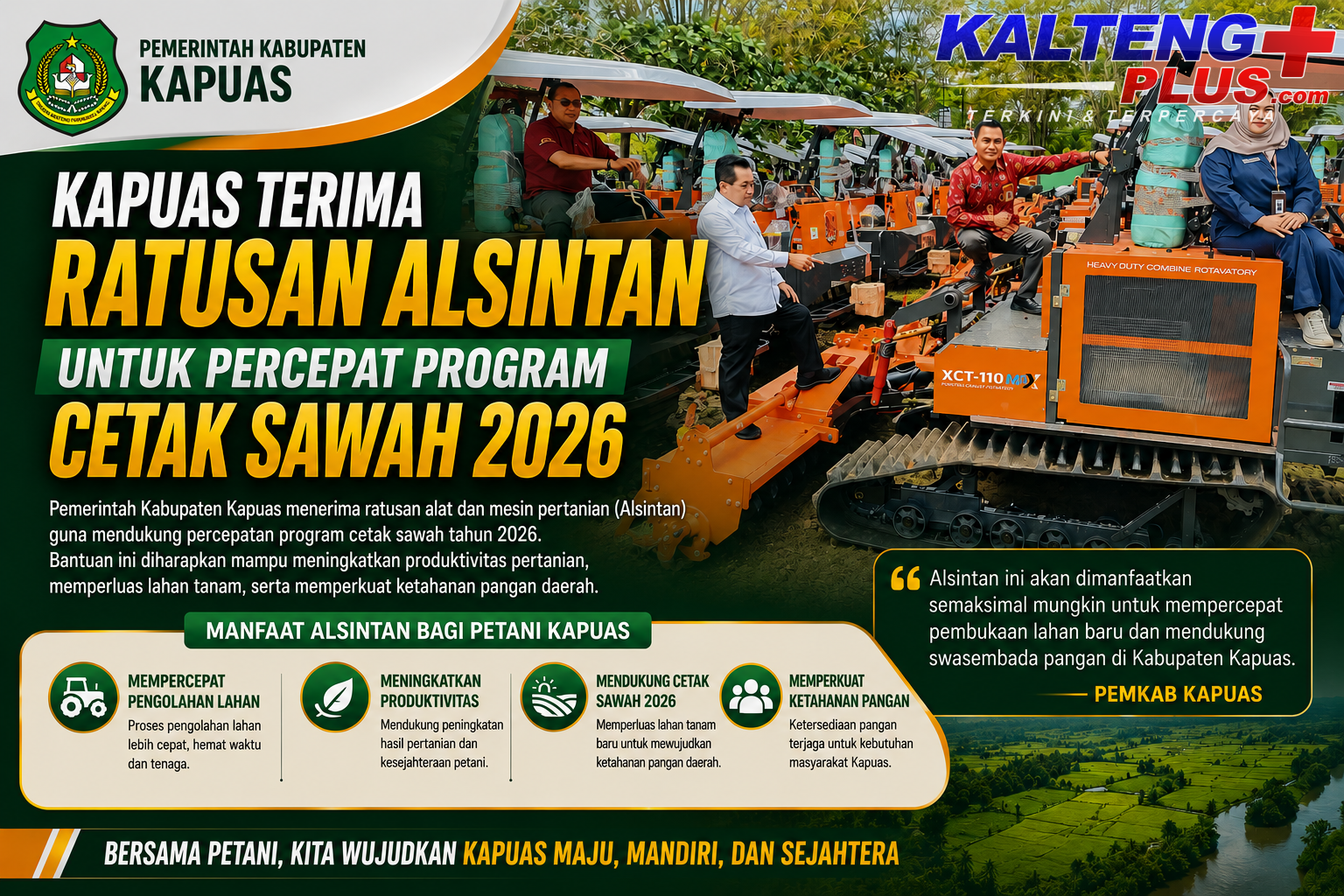 Kapuas Terima Ratusan Alsintan untuk Percepat Program Cetak Sawah 2026
