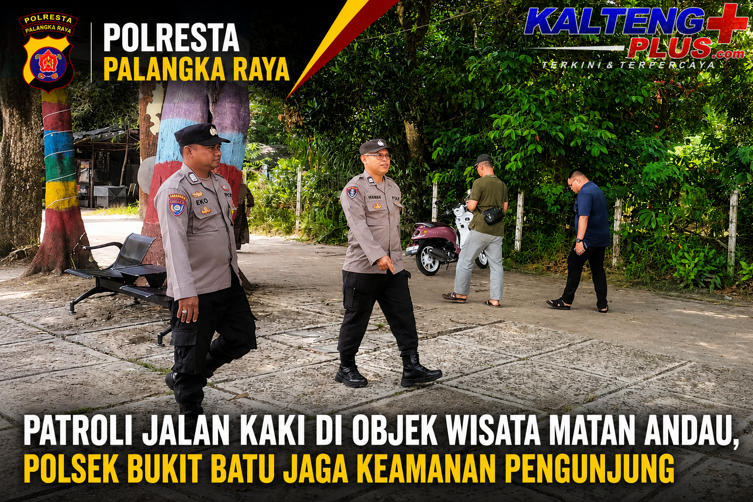Patroli Jalan Kaki di Objek Wisata Matan Andau Polsek Bukit Batu Jaga Keamanan Pengunjung