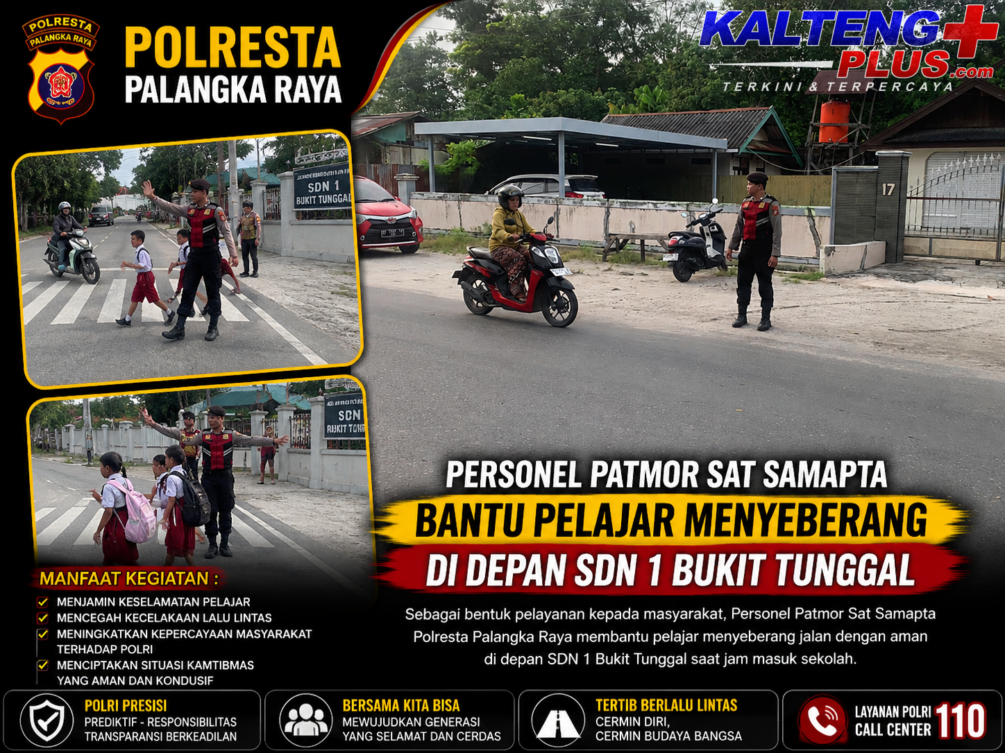 Personel Patmor Sat Samapta Bantu Pelajar Menyeberang di Depan SDN 1 Bukit Tunggal