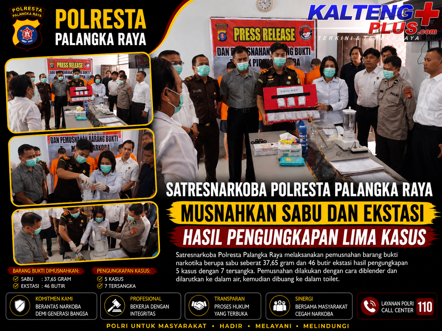 Satresnarkoba Polresta Palangka Raya Musnahkan Sabu dan Ekstasi Hasil Pengungkapan Lima Kasus