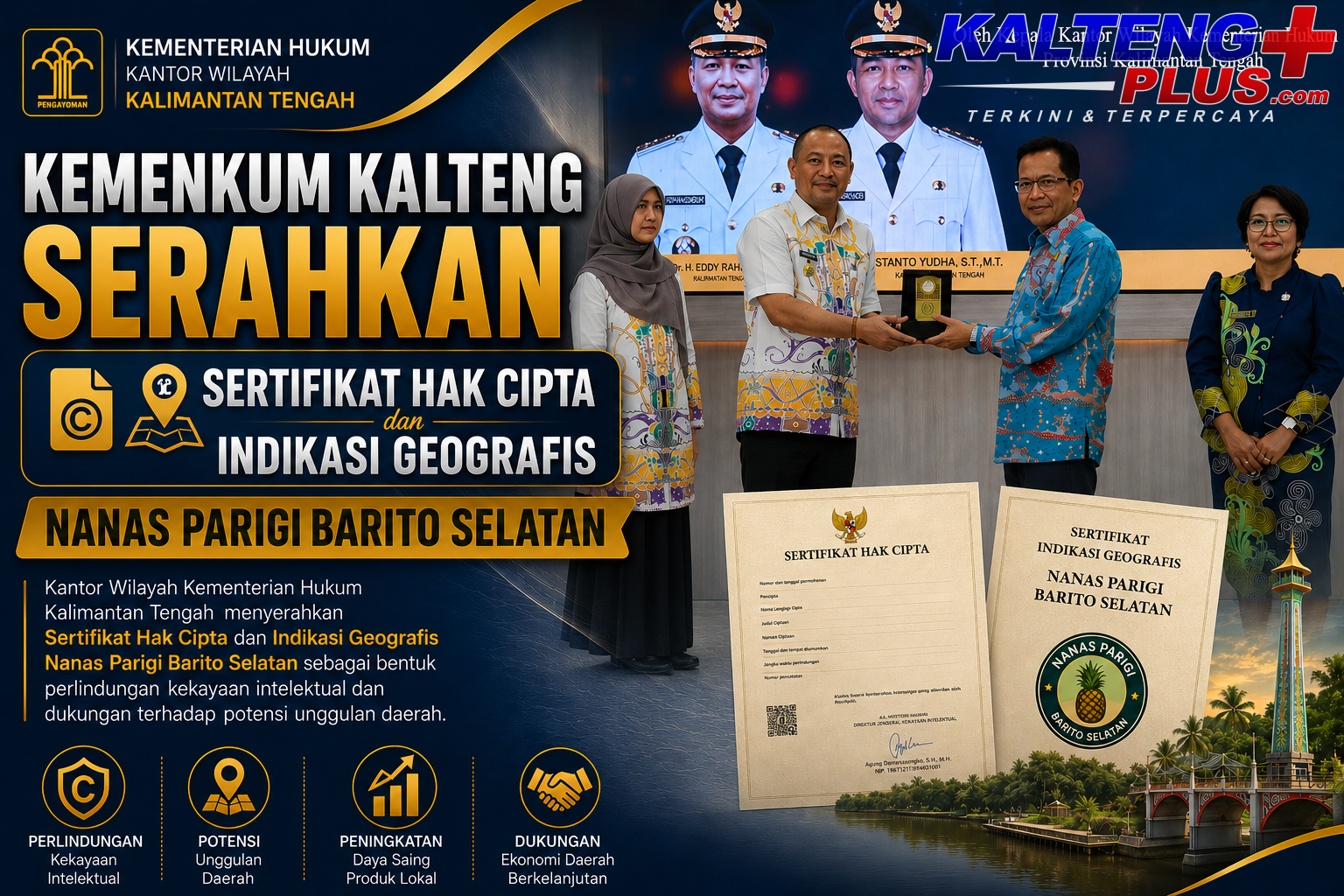 kemenkum kalteng serahkan sertifikat hak cipta dan indikasi geografis nanas parigi barito selatan